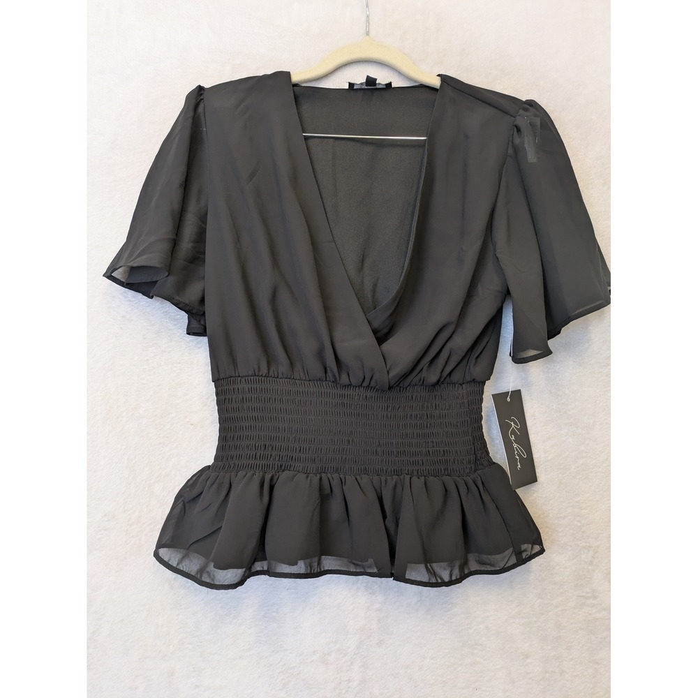 Kabina Women's Size M Black Smocked Peplum Top V-Neck Flutter Sleeve Chiffon NWT